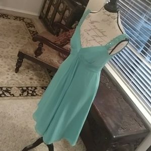 Aqua Tea Length Bridesmaid Dress